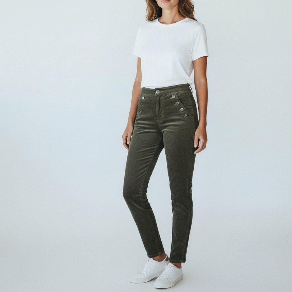 Ramy Brook Helena Velvet Pants Womens 27 Olive High Rise Velveteen Button Detail